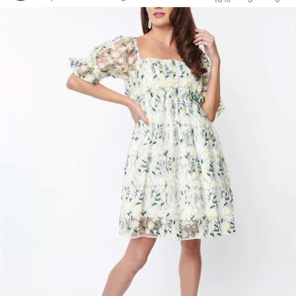 Unique Vintage Magnolia Place White Green Daisy Tulle Babydoll Dress Sz XL.